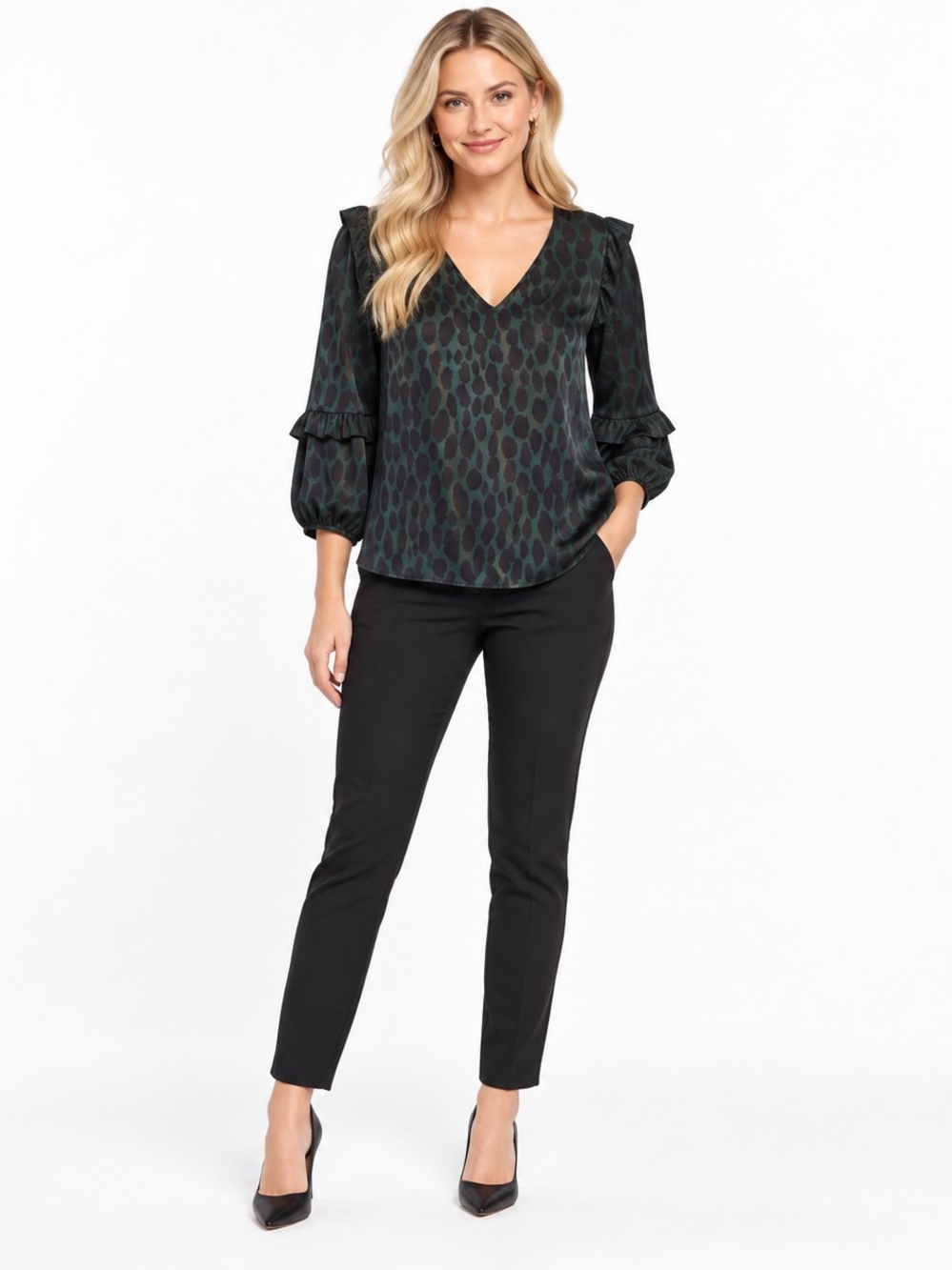 Anthropologie Caballero V-Neck Ruffle Sleeve Blouse in Black and Dark Green Sz M